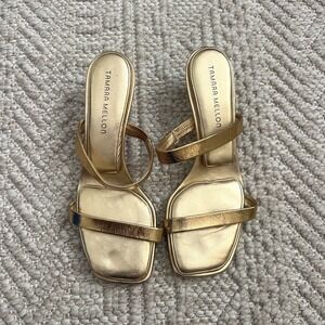 Tamara Mellon Gold Metallic Leather Square Toe Kitten Heel Sandals Mules Size 39